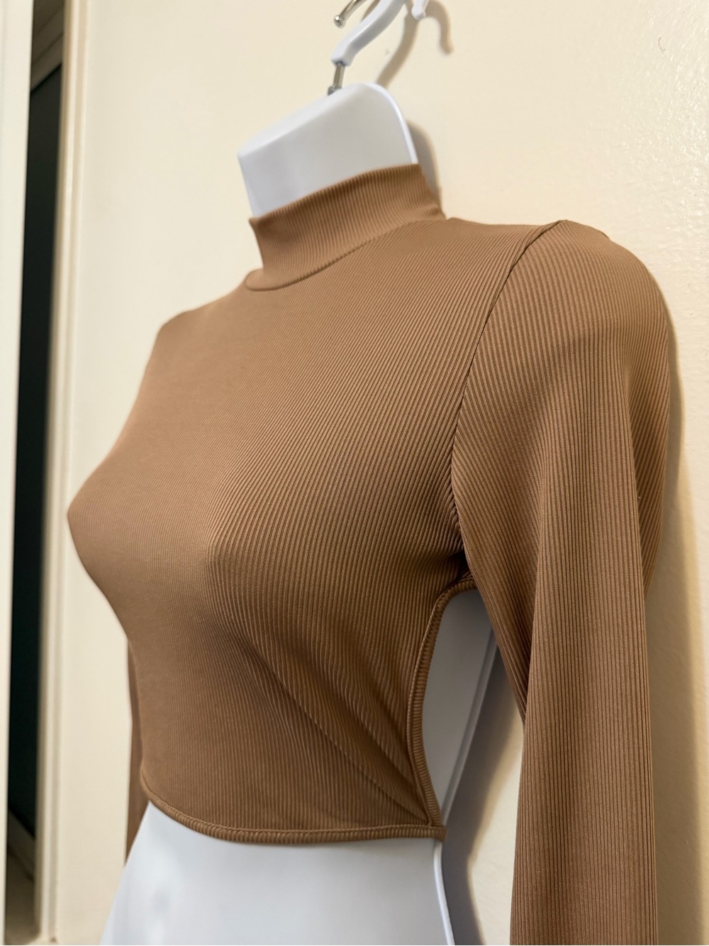 SHEIN Ribbed Mock Neck Long Sleeve Crop Top - Camel Brown